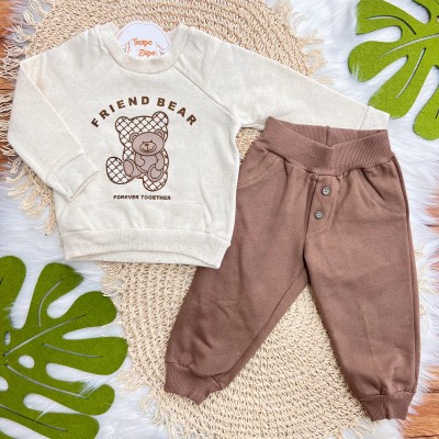 Conj. Casaco Friend Bear e Calça de Moletom - Areia e Marrom